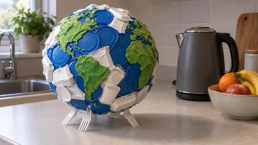 A small Earth built from white foam clamshells, paper cups and blue plastic lids with green napkin continents sits on a kitchen counter beside a kettle and a fruit bowl.