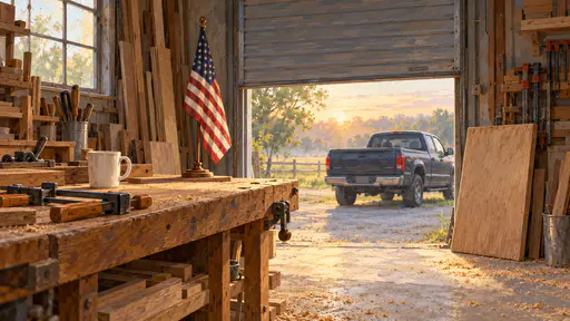 A small American flag on a wooden stand stands beside a half raised roll up workshop door with a bench of clamps and a coffee mug and a pickup outside at dawn in soft gouache.