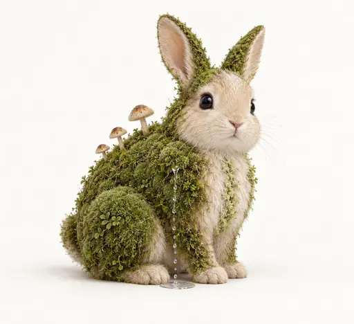 Studio portrait of a whimsical rabbit-shaped creature with a living moss coat, tiny spine mushrooms, and a spring trickling to a small puddle.