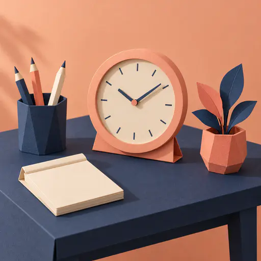 A small round desk clock with a folded cardstock stand and a cream face sits beside a paper pencil cup, a blank notepad and a tiny paper plant on a navy desk.