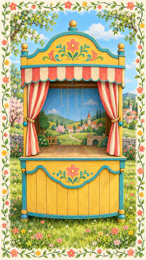 A small wooden puppet theater with a striped curtain tied back, a painted village backdrop and tiny wooden props stands on a green flower lawn with no puppets in sight.