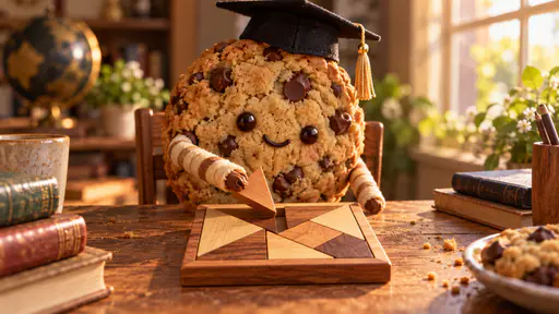 Smart cookie: A chocolate-chip cookie wearing a graduation cap solving a wooden tangram puzzle at a study desk with books and a globe.