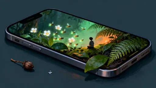 A smartphone notch unfurls like a tiny habitat window revealing a hidden miniature jungle where a small figure quietly watches bioluminescent insects dancing in warm green-gold light, composed for a 16:9 frame with tight crop and cinematic