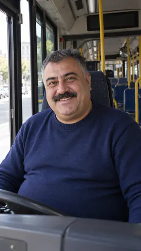 A smiling heavyset man in his early fifties with a short grey crew cut and a wide moustache, in a plain navy sweater in the driver's seat of an empty city bus with blue seats and an open door.