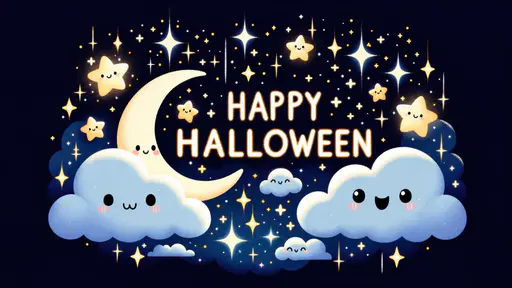 Soft pastel night illustration with glowing HAPPY HALLOWEEN lettering, a smiling pale yellow crescent moon left, two large smiling blue clouds below and golden star characters and sparkles on navy.