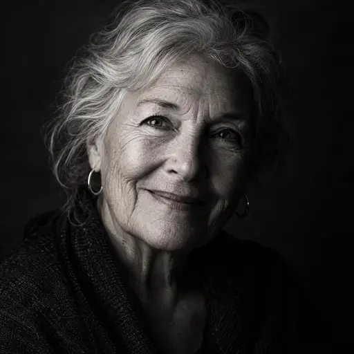 A black-and-white portrait of a smiling elderly woman with hoop earrings.