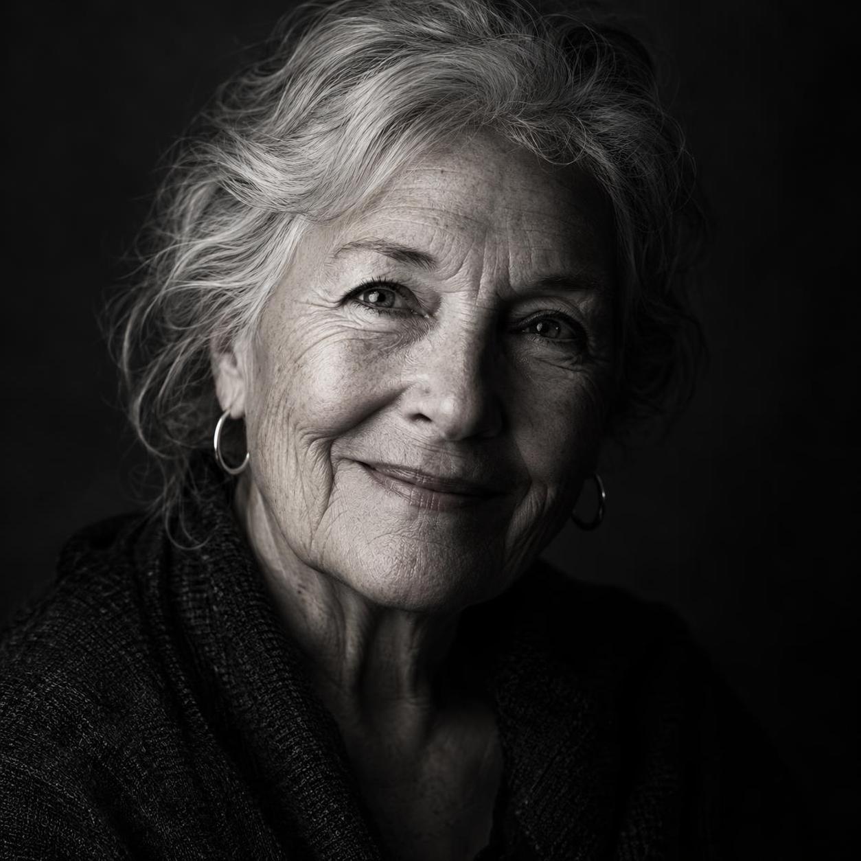 A black-and-white portrait of a smiling elderly woman with hoop earrings.