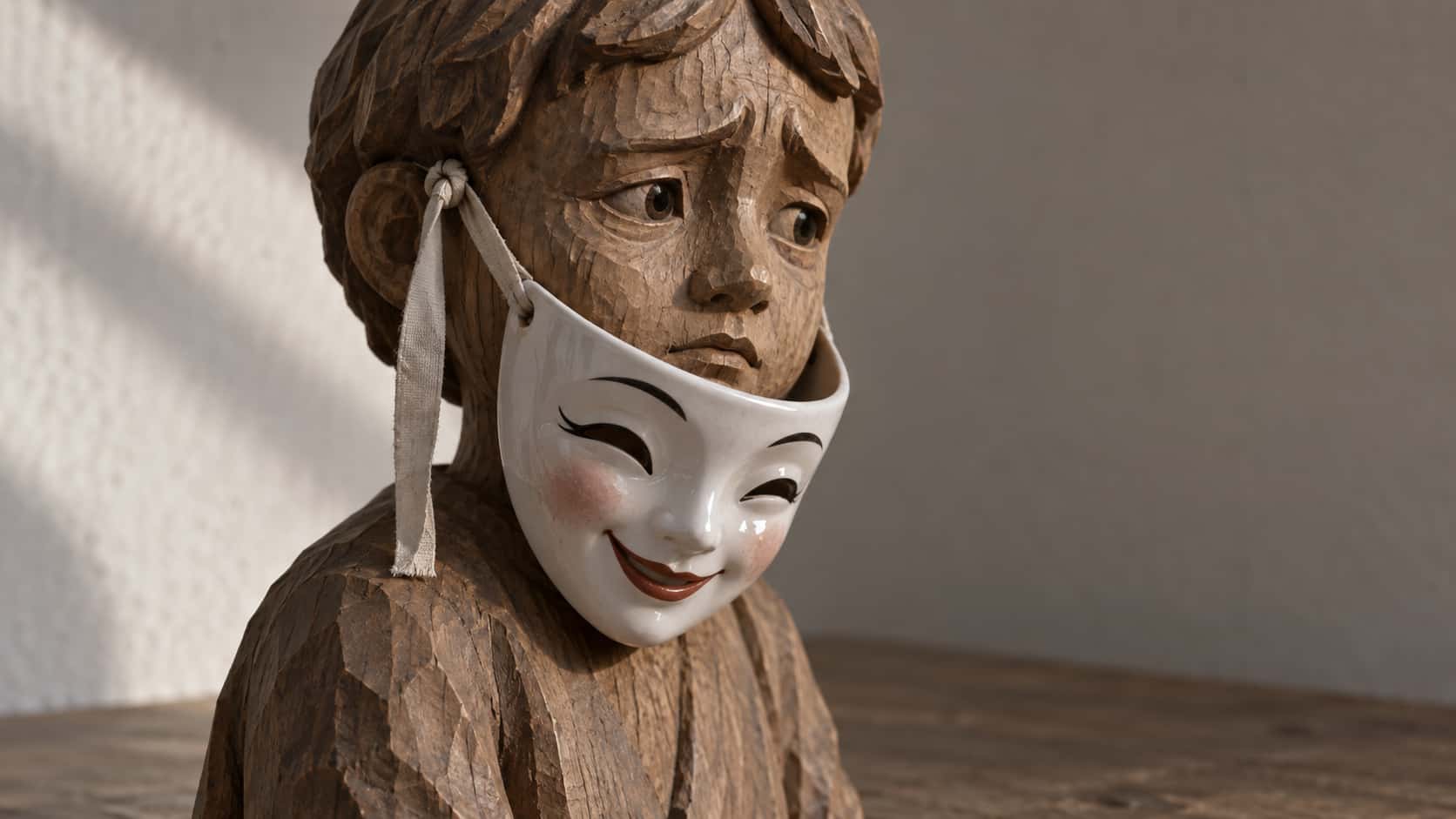 The mask slips: a smiling white porcelain mask has slipped halfway down a small carved wooden figure, its painted eyes sitting lower than the exposed worried wooden face above with a loose ribbon dangling at one temple.