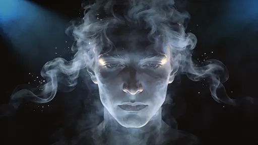 A surreal digital-painting of a human face shaped from curling smoke, composed for a 16:9 wallpaper/poster with dramatic low-key contrast and atmospheric depth.