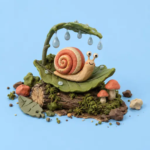 Plasticine claymation slice of a coral-snail riding a mossy leaf through soft clay raindrops, scattering into clay bits on a pale sky-blue field.