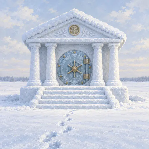 Snowbank: a small classical bank building made entirely of snow, with snowy columns, an icy circular vault door, and footprints leading to its steps.