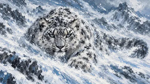 A snow leopard with thick spotted fur crouches and faces the viewer in a howling blizzard with snow streaming past it.