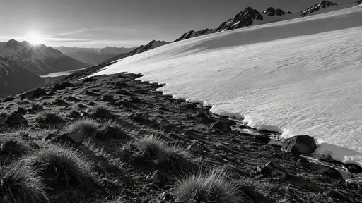 A clean white snowline curves across a high slope and ends sharply on exposed dark earth and dry tufted grass in cold raking black and white light.