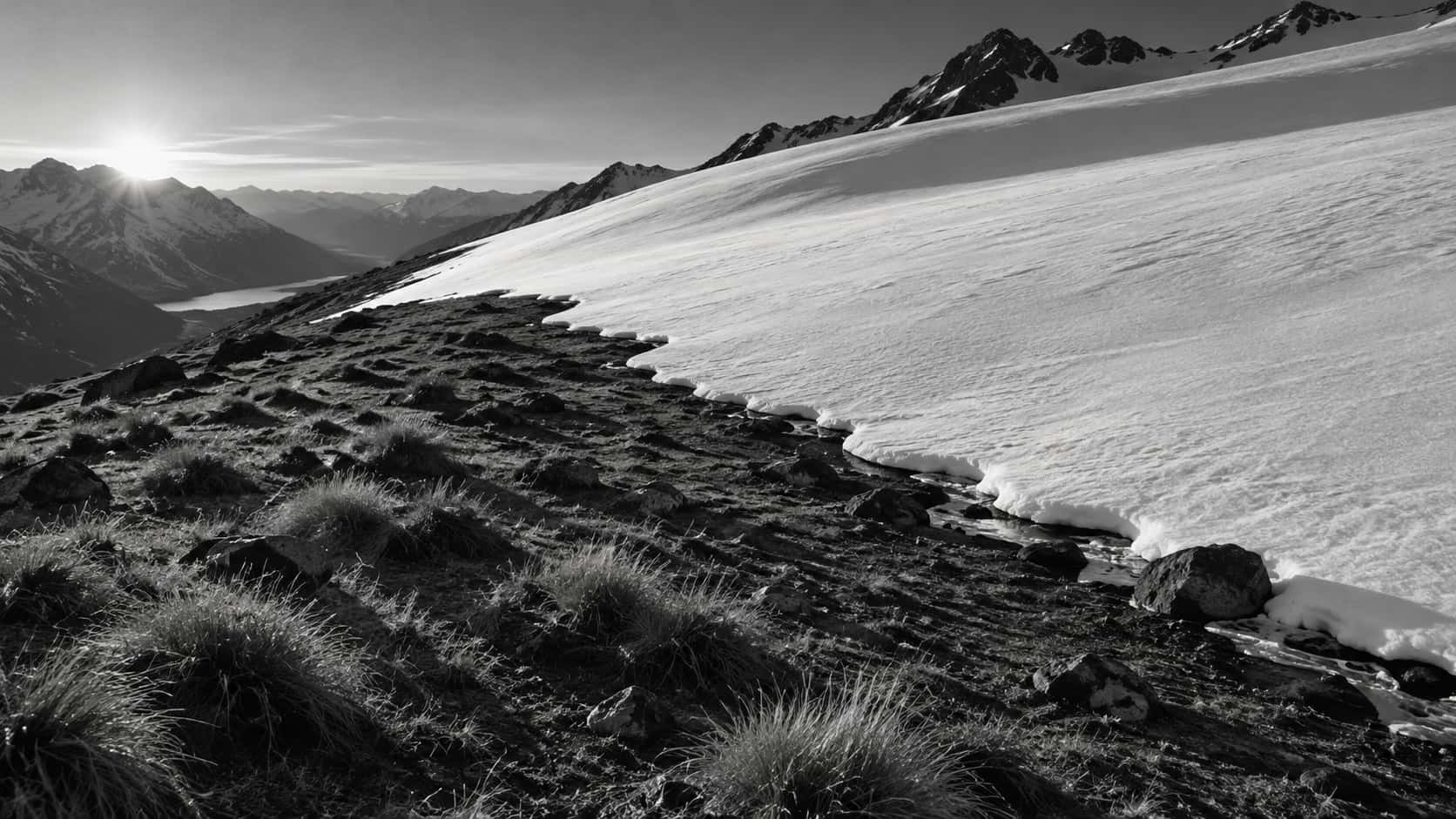 A clean white snowline curves across a high slope and ends sharply on exposed dark earth and dry tufted grass in cold raking black and white light.