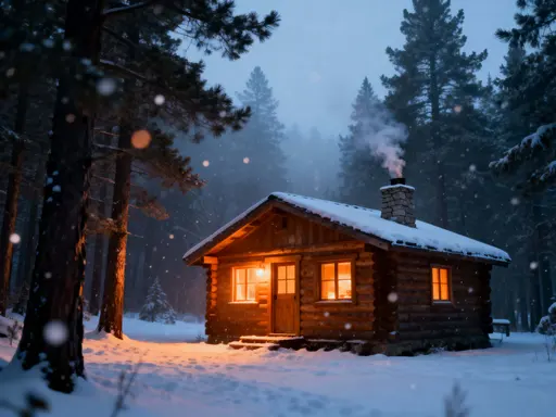 A small wooden cabin in a snowy pine forest at twilight with warm amber light spilling from windows onto icy-blue snow and pine-green trees, stone-gray chimney smoke, wide-angle 4:3 framing.