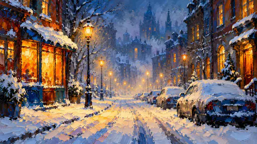 A quiet snowy city street at night has warm glowing shop windows and street lamps with fresh snowfall on parked cars and rooftops in soft fog.