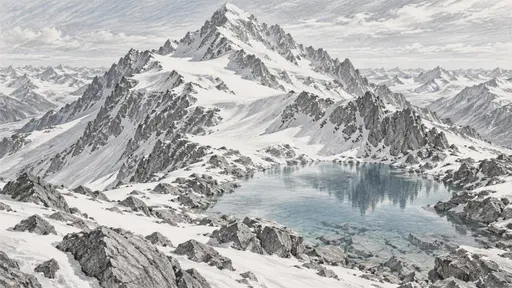 A snow covered mountain has a small crystal clear lake near its peak with rocky shores, wind sculpted snow and a pale cold sky.