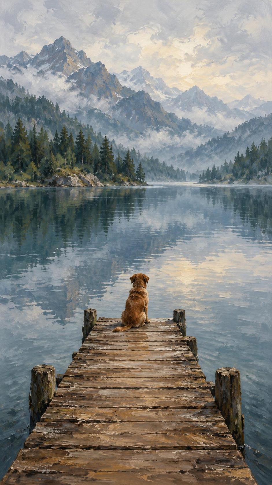 A small brown dog sits on a wooden dock and looks across a calm lake toward soft misty forested mountains in chunky softly blended brushstrokes.