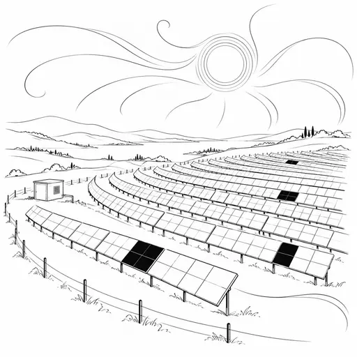 Curving rows of tilted solar panels are drawn in flowing single weight black ink lines with a few solid black panels under a sun of concentric lines with sweeping ribbon rays on white paper.