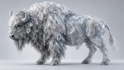 A single bison in profile with a heavy hump, a densely crumpled mane and rolled film horns is built entirely from transparent plastic bags on a plain pale grey studio ground.