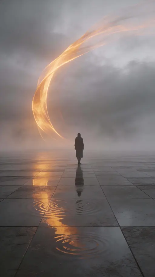 A solitary figure stands on a glossy reflective plaza beneath dreamlike amber arcs across the sky, enveloped in misty gray tones and poetic minimalism within a vertical 9:16 frame.