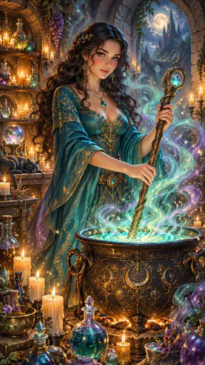 A sorceress with long wavy hair in a teal dress brews a bubbling potion with a gnarled wood staff among vials and candles in a luminous glowing mist.
