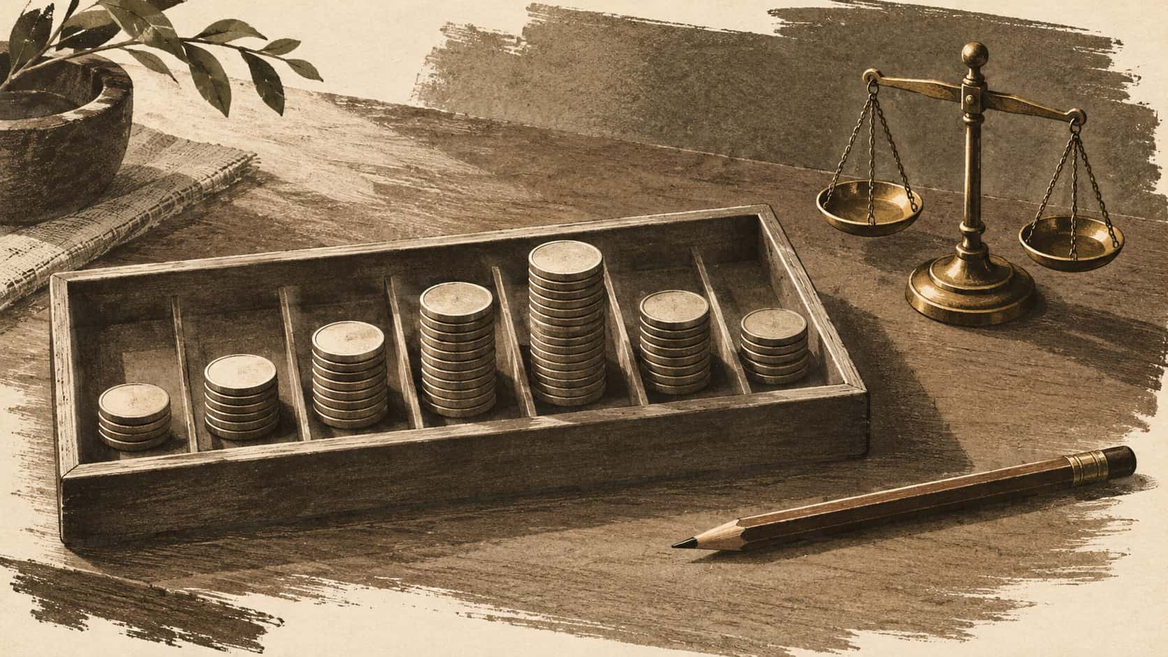 A tray holds rows of plain round coins sorted into short stacks of different heights beside a small brass scale and a pencil in umber aquatint grain.
