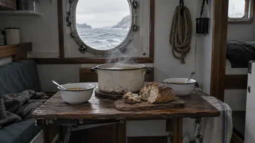 A steaming enamel pot of soup, two plain bowls with spoons and a torn loaf of bread on a board sit on the fold-down table of a boat cabin with a coiled rope on the wall in cool grey porthole light.