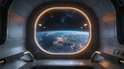 Space station window view rendered as a cinematic 3D interior scene for wallpaper or poster, framed 16:9 with Earth filling the vista beyond the curved glass.
