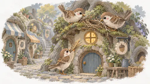Two sparrows hop along the eaves of a small round house reweaving a broken nest frame with twigs from their beaks while a third passes up a bundle of straw from the cobbles in a narrow lane of tiny animal workshops in midday light.
