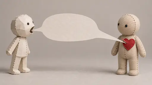 A cutting remark: side view of a paper speaker figure whose rigid blank speech bubble narrows to a sharp edge cutting a notch in the plain heart-shaped fabric badge on a cloth listener chest, soft studio light.