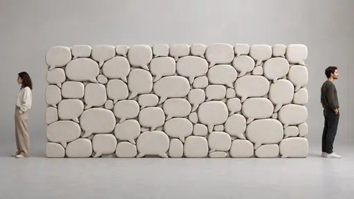 A wall of silence: a tall wall of interlocked blank speech-bubble blocks separating a woman at the left end and a man at the right end, both turned away with hands in pockets, soft daylight on a neutral backdrop.