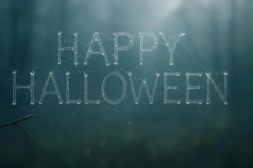 Photorealistic 3D scene of “HAPPY HALLOWEEN” woven from ultra-fine spider-silk filaments with dewdrop lenses and prismatic glints against a faint misty forest, framed 3:2.