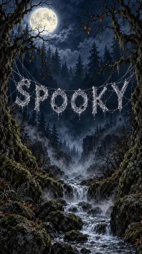 Silver web letters spell SPOOKY with black spiders between gnarled trees, beneath a full moon and above a misty stream cascading through mossy ravine rocks.