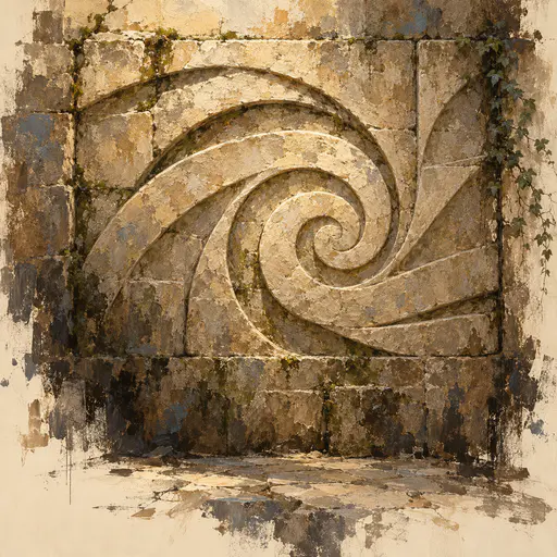 A weathered limestone wall carries a large shallow abstract spiral relief of flowing bands with moss in the joints and a small climbing vine in expressive oil paint.