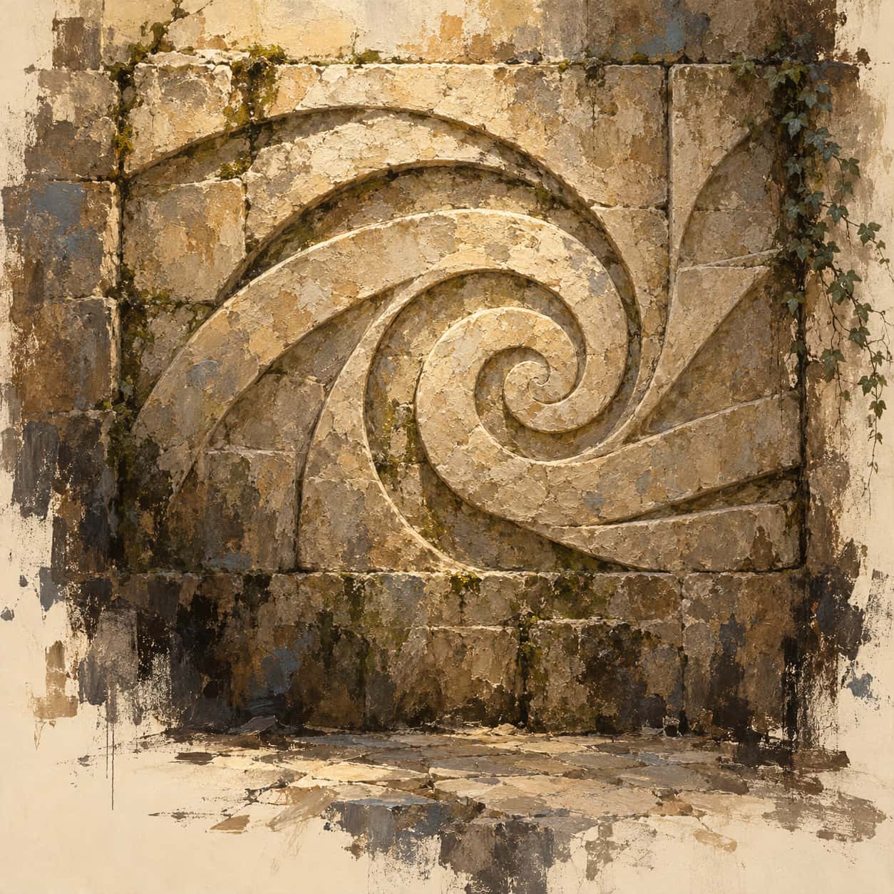 A weathered limestone wall carries a large shallow abstract spiral relief of flowing bands with moss in the joints and a small climbing vine in expressive oil paint.