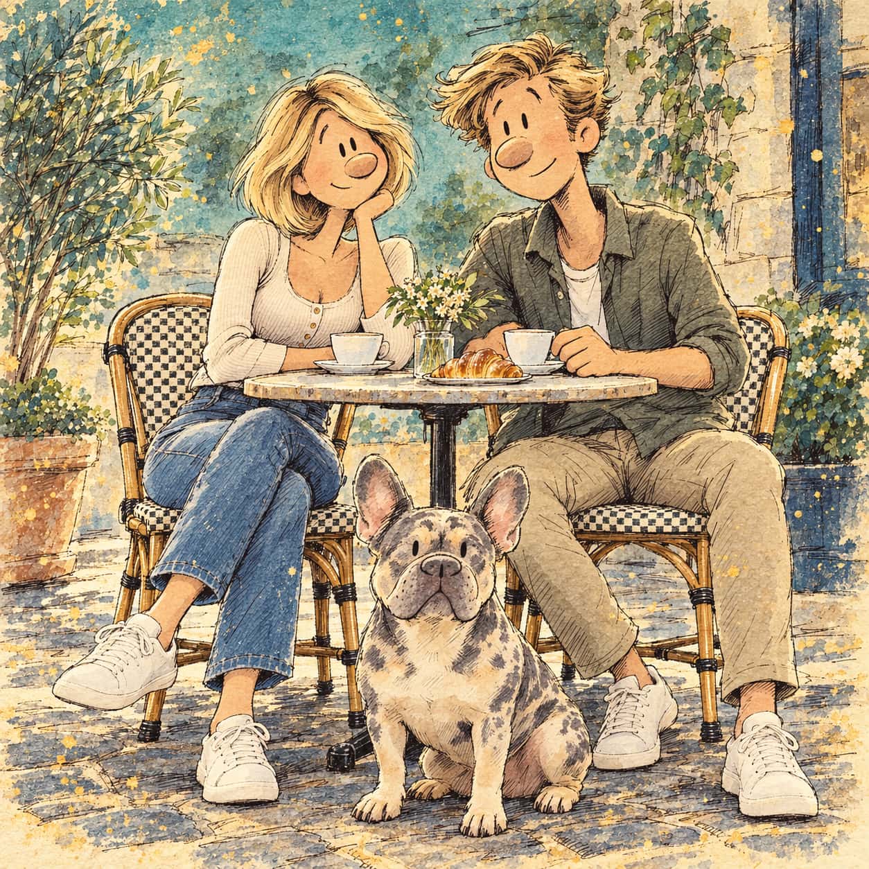 An ink-and-wash cartoon shows a seated couple, a French bulldog and a cafe table with cups, flowers and a croissant.