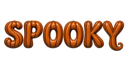 The word SPOOKY spelled in six plump 3d letters of glazed terracotta pumpkin shell, dark umber glaze lining the rib grooves, wide open counters and one small curled tendril finishing the Y, floating on a transparent background. A spooky halloween 3d lettering word asset for party graphics, headlines and stickers.