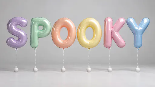 The word SPOOKY spelled in six glossy pastel balloon letters in lavender, mint, peach, yellow, pink and blue, each tied by a thin white ribbon to a small round white weight on a pale grey studio floor.