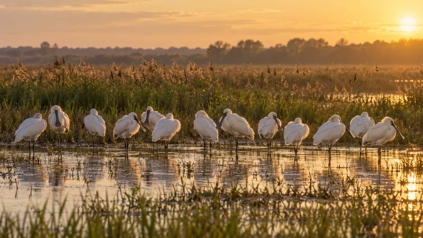 A line of about twelve spoonbills of one species stands resting in shallow water at a flooded meadow edge at first light with their bills tucked under their wings, tall grass at the margin and a pale gold sky behind.