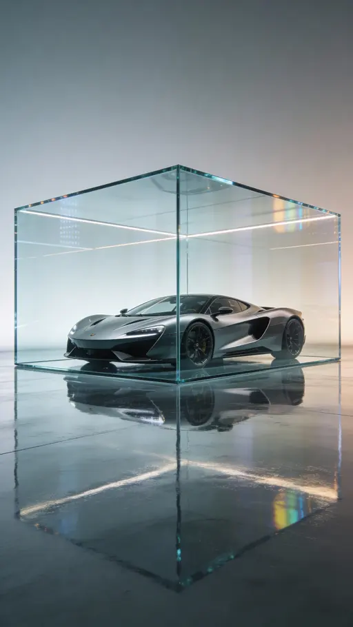 A high-performance sports car sits inside a crystal-clear glass cube with soft reflections and refractions, a clean gradient background, and a glossy reflective floor in a futuristic luxury CGI scene.