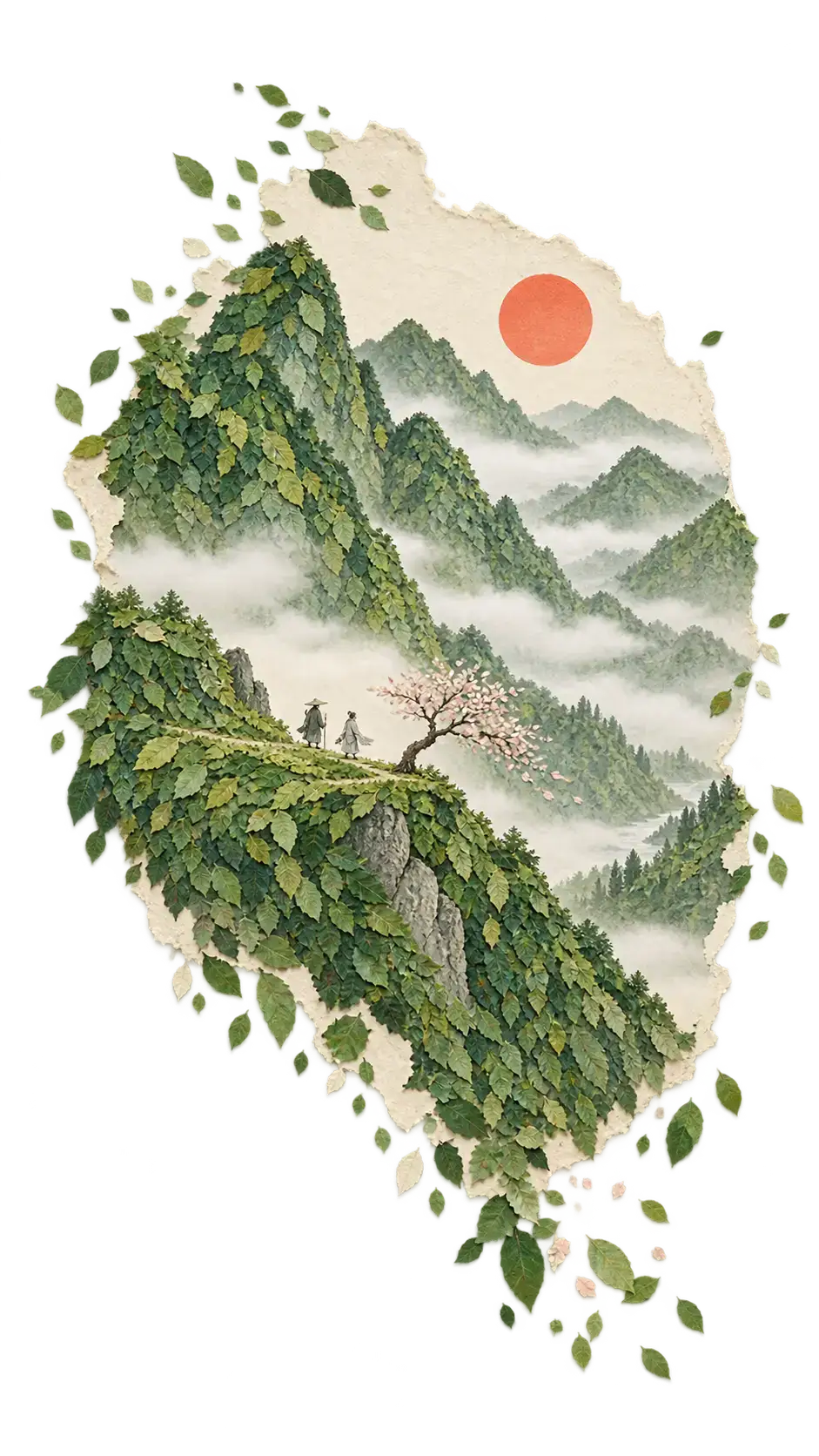 An Eastern-minimal slice of two tiny figures walking a spring ridge through leaf-collage mountains, with a coral sun and mist bands, dissolving into leaf fragments on transparency.