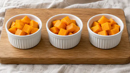 Orange butternut squash cubes are divided into three equal portions in three plain white ceramic ramekins set in a row on a round oak board over pale linen, each filled to the same level in soft window light.