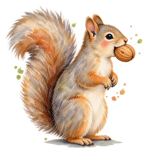 A grey squirrel in side profile on its hind legs carrying a whole walnut in its mouth with its tail curled behind, on a transparent background.