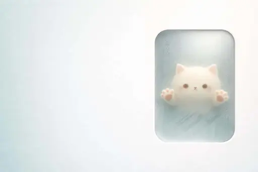 Minimal 3:2 desktop wallpaper with a pale-teal to near-white misty gradient, a rounded rectangular cutout revealing frosted glass, and a softly squished cream cat behind it.