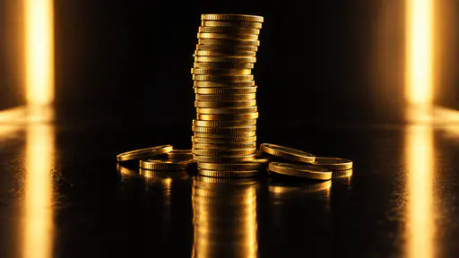 A leaning stack of plain gold coins on a black polished surface lit by amber rim light from both sides with loose coins fanned at its base.