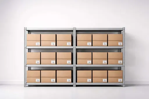 Symmetrical stacked inventory shelves photographed as a clean product-style composition for a 3:2 background or poster, emphasizing order, texture, and neutral lighting.
