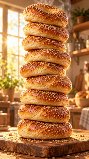 Freshly baked bagels stack in a tall tower with glossy golden tops and sesame seeds and steam rising on a wooden board.