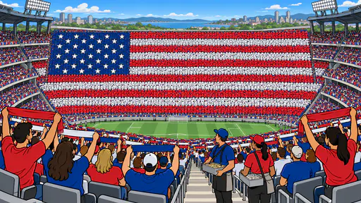 Thousands of adult fans holding scarves so the stand forms a giant flag with canton. Thirteen stripes and a neat canton fire the crowd.