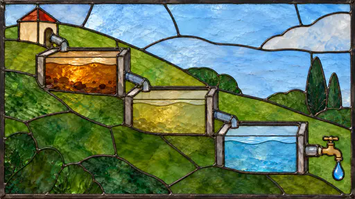 A leaded stained glass panel: a cream pumphouse with a red roof at the top left feeds three stepped stone tanks joined by pipes, the water turning from muddy amber to hazy green to clear blue, ending at a brass tap with one blue drop.